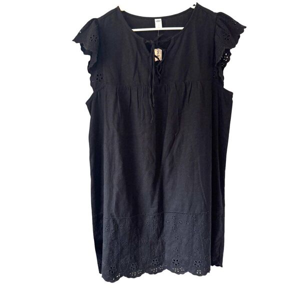 NWT Old Navy Womens L Petite Black Dress Linen Mix Eyelet Cap Sleeves - Picture 1 of 8